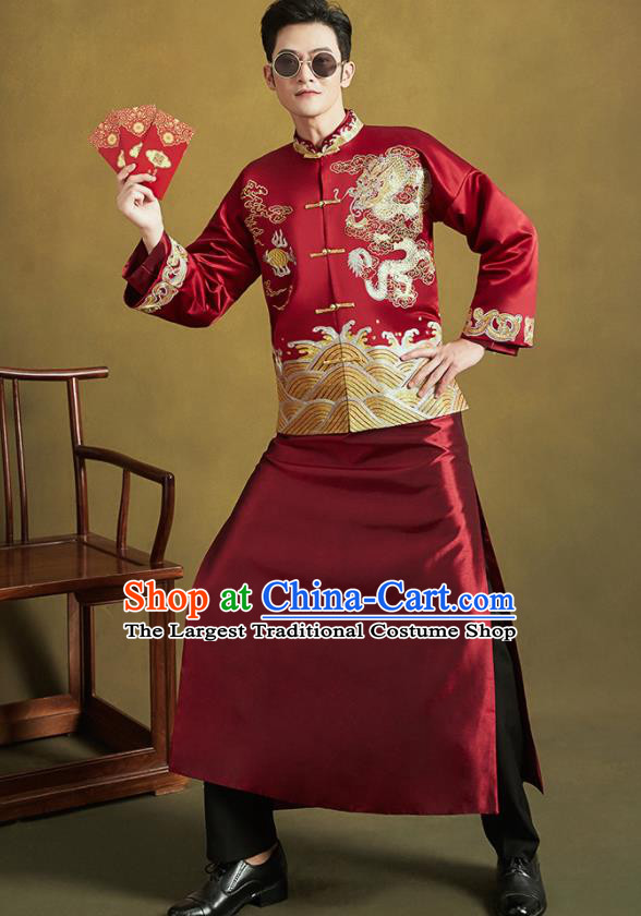 Chinese Traditional Wedding Tang Suit Costumes Ancient Bridegroom Embroidered Dragon Blouse and Long Gown for Men