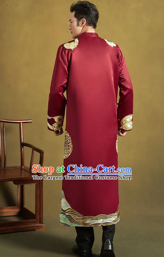 Chinese Ancient Bridegroom Embroidered Red Long Gown Traditional Wedding Tang Suit Costumes for Men