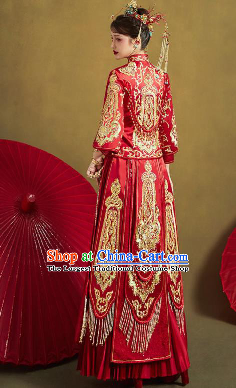 Chinese Traditional Red Xiu He Suit Embroidered Wedding Dress Ancient Bride Costumes for Women