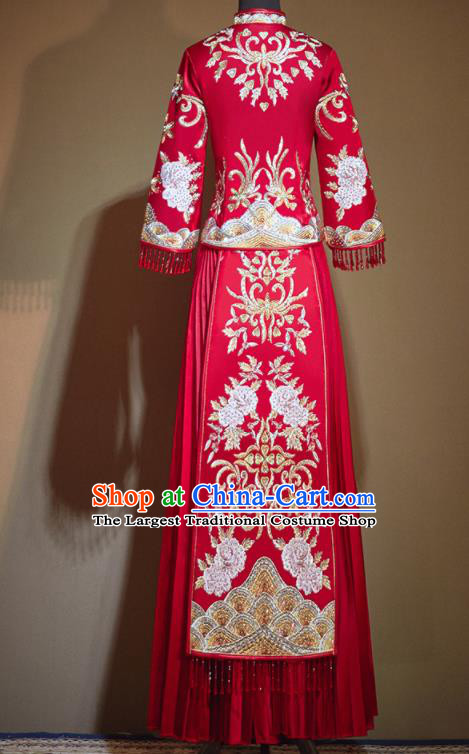 Chinese Traditional Embroidered Peony Drilling Red Xiu He Suit Wedding Dress Ancient Bride Costumes for Women