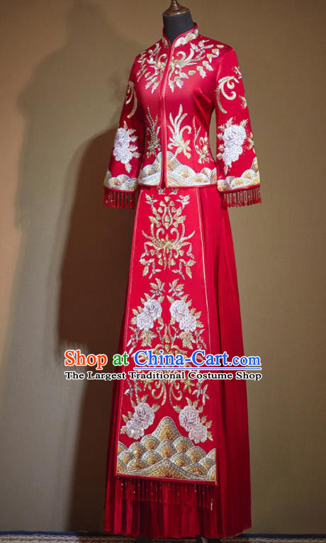 Chinese Traditional Embroidered Peony Drilling Red Xiu He Suit Wedding Dress Ancient Bride Costumes for Women