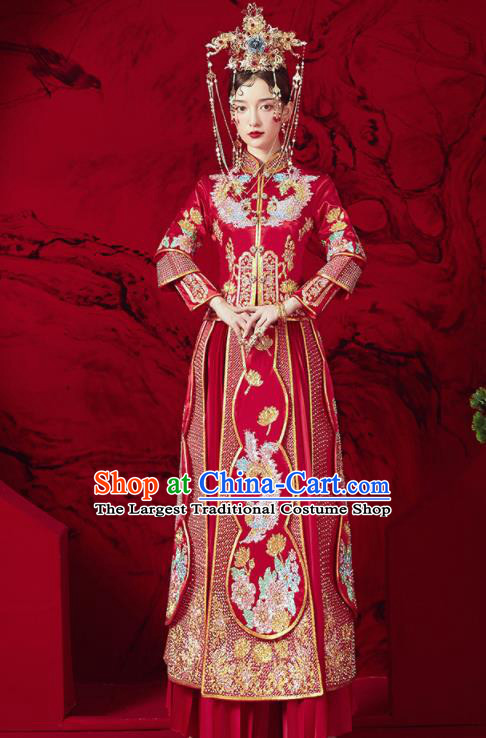 Chinese Traditional Drilling Peony Red Xiu He Suit Embroidered Phoenix Wedding Dress Ancient Bride Costumes for Women