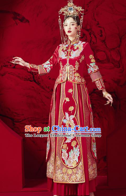 Chinese Traditional Drilling Peony Red Xiu He Suit Embroidered Phoenix Wedding Dress Ancient Bride Costumes for Women