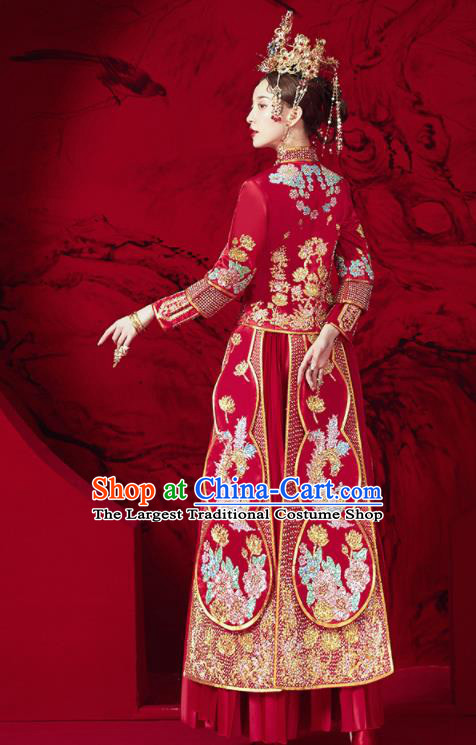 Chinese Traditional Drilling Peony Red Xiu He Suit Embroidered Phoenix Wedding Dress Ancient Bride Costumes for Women