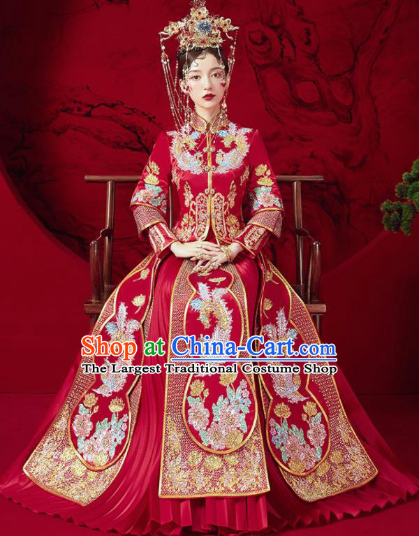 Chinese Traditional Drilling Peony Red Xiu He Suit Embroidered Phoenix Wedding Dress Ancient Bride Costumes for Women