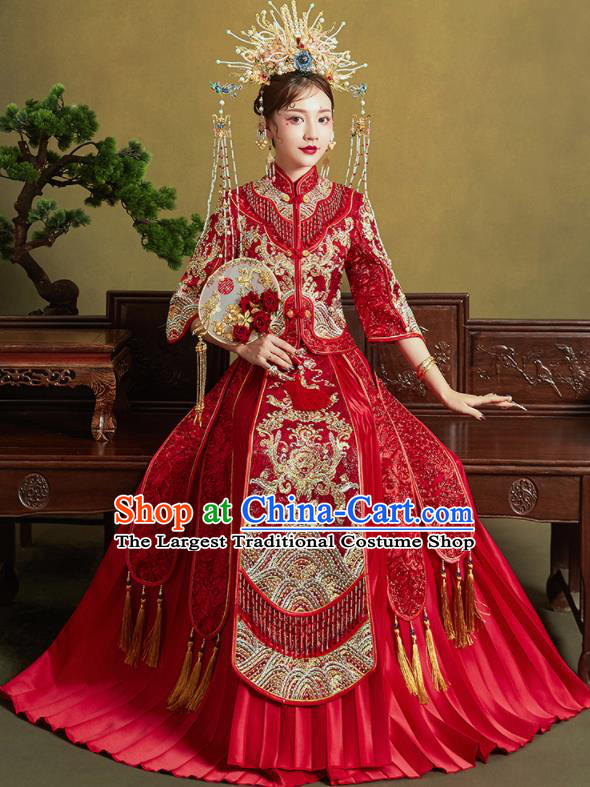 Chinese Traditional Red Xiu He Suit Embroidered Drilling Wedding Dress Ancient Bride Costumes for Women