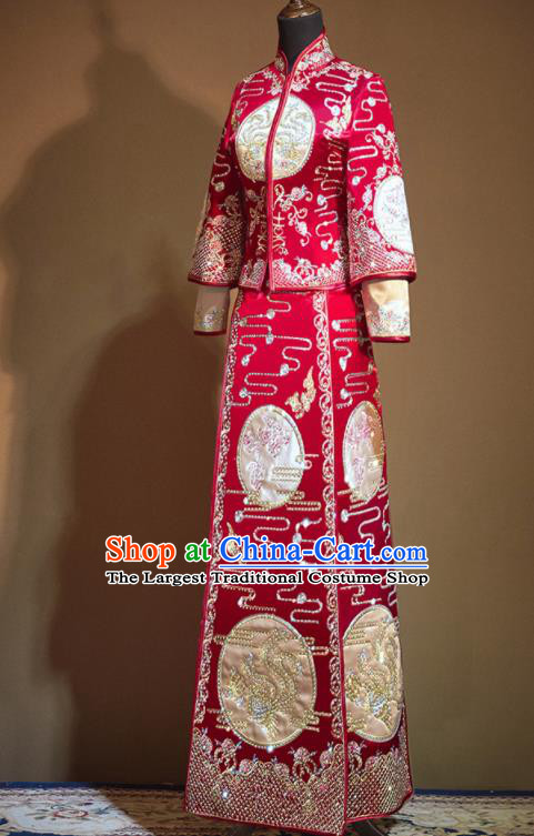Chinese Traditional Xiu He Suit Embroidered Red Wedding Dress Ancient Bride Costumes for Women