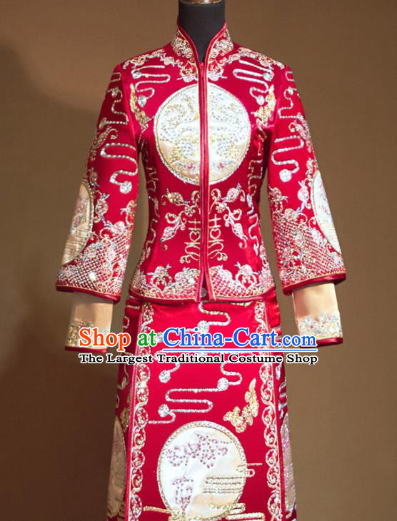 Chinese Traditional Xiu He Suit Embroidered Red Wedding Dress Ancient Bride Costumes for Women