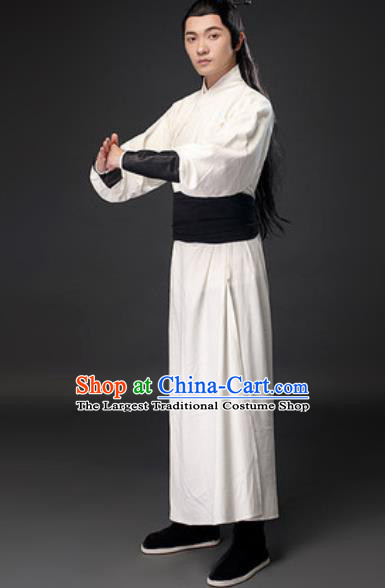 Chinese Ancient Swordsman White Clothing Traditional Three Kingdoms Period Sun Quan Costumes for Men