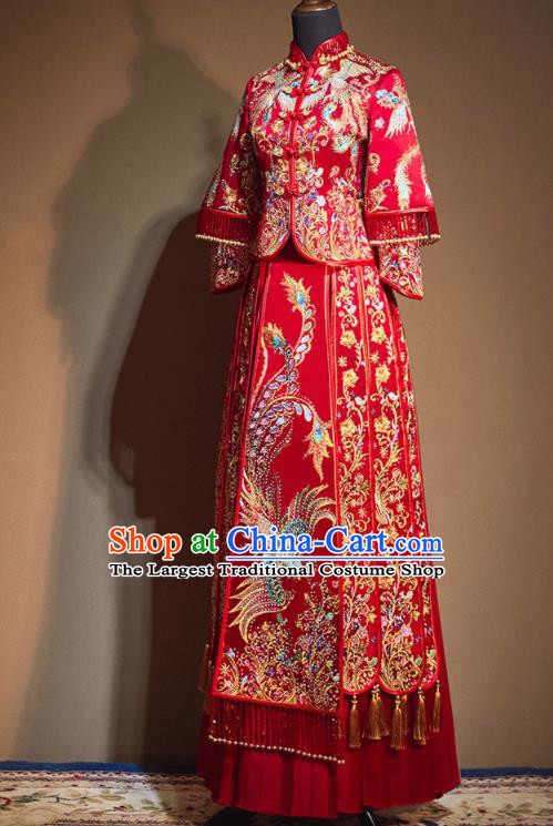 Chinese Traditional Wedding Xiu He Suit Embroidered Phoenix Jacket and Dress Ancient Bride Costumes for Women