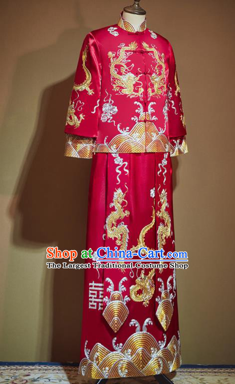 Chinese Ancient Bridegroom Embroidered Dragon Red Mandarin Jacket and Long Gown Traditional Wedding Tang Suit Costumes for Men