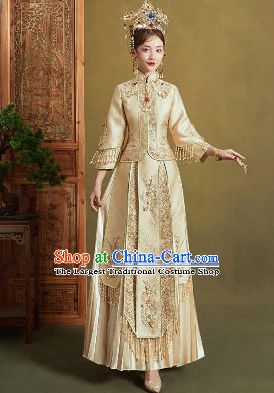 Chinese Traditional Wedding Xiu He Suit Embroidered Light Golden Jacket and Dress Ancient Bride Costumes for Women
