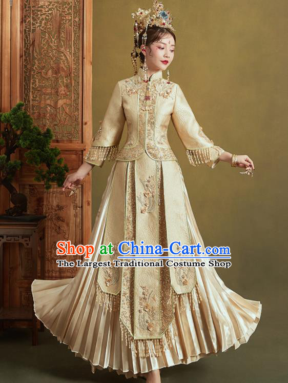 Chinese Traditional Wedding Xiu He Suit Embroidered Light Golden Jacket and Dress Ancient Bride Costumes for Women