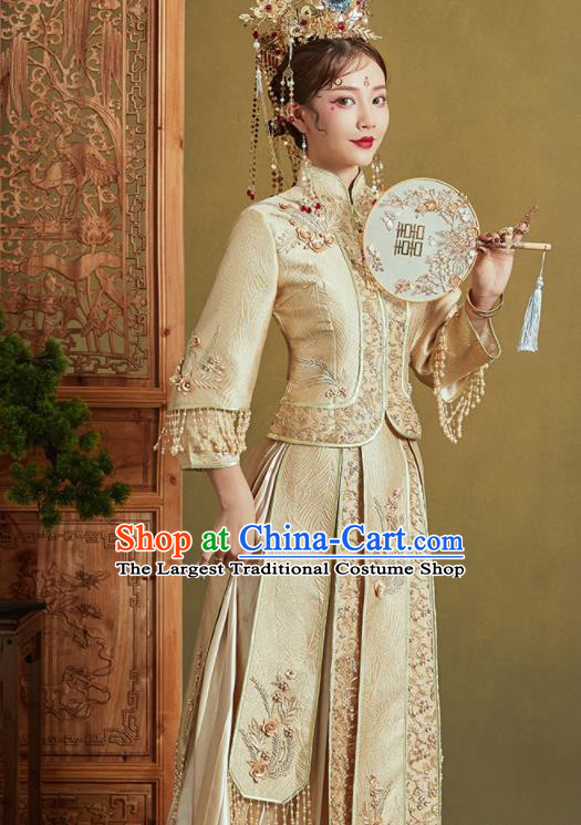 Chinese Traditional Wedding Xiu He Suit Embroidered Light Golden Jacket and Dress Ancient Bride Costumes for Women