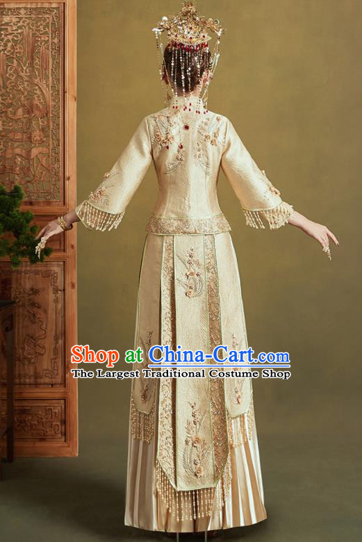 Chinese Traditional Wedding Xiu He Suit Embroidered Light Golden Jacket and Dress Ancient Bride Costumes for Women