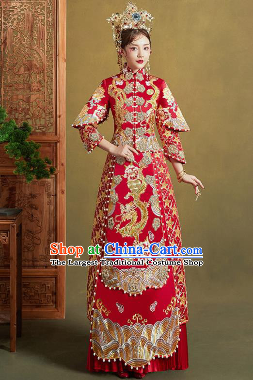 Chinese Traditional Wedding Xiu He Suit Embroidered Dragon Peony Red Blouse and Dress Ancient Bride Costumes for Women