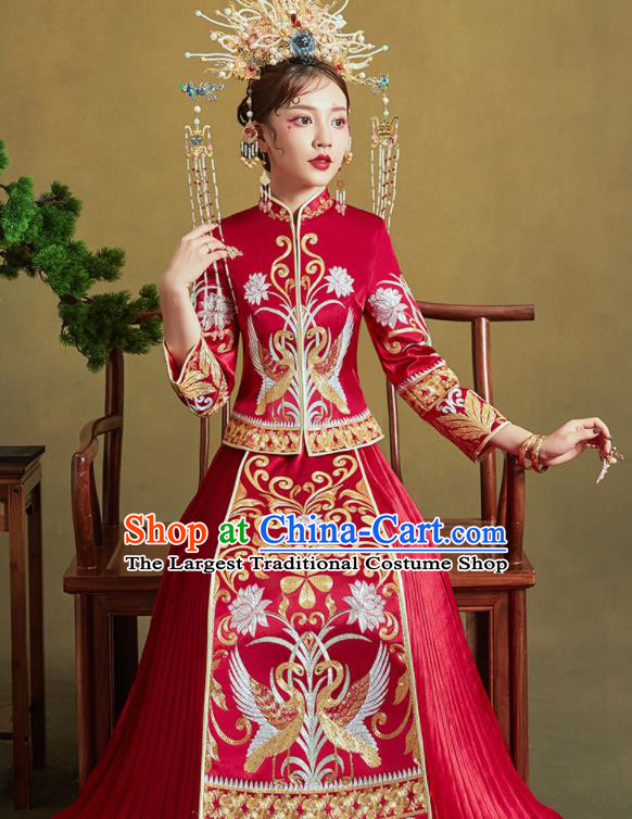 Chinese Traditional Wedding Xiu He Suit Embroidered Swan Peony Red Blouse and Dress Ancient Bride Costumes for Women