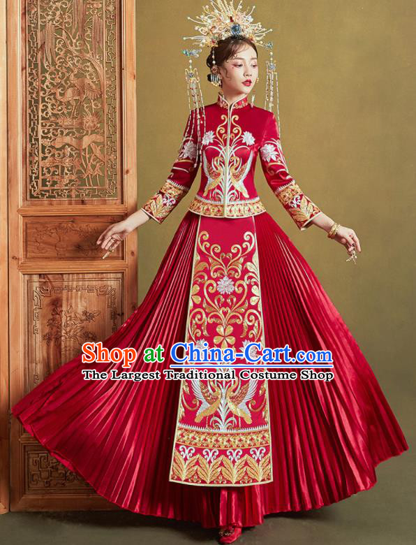 Chinese Traditional Wedding Xiu He Suit Embroidered Swan Peony Red Blouse and Dress Ancient Bride Costumes for Women