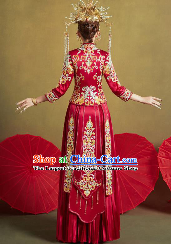 Chinese Traditional Wedding Embroidered Tassel Xiu He Suit Red Blouse and Dress Ancient Bride Costumes for Women