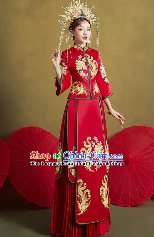 Chinese Traditional Embroidered Phoenix Peony Wedding Xiu He Suit Red Blouse and Dress Ancient Bride Costumes for Women