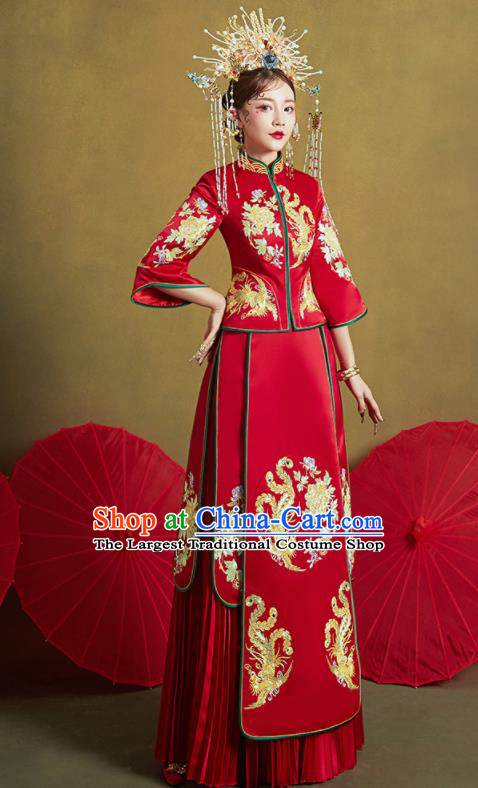Chinese Traditional Embroidered Phoenix Peony Wedding Xiu He Suit Red Blouse and Dress Ancient Bride Costumes for Women