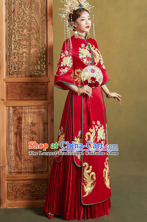 Chinese Traditional Embroidered Phoenix Peony Wedding Xiu He Suit Red Blouse and Dress Ancient Bride Costumes for Women