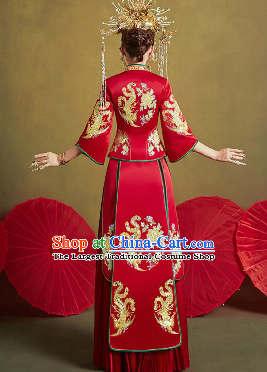 Chinese Traditional Embroidered Phoenix Peony Wedding Xiu He Suit Red Blouse and Dress Ancient Bride Costumes for Women