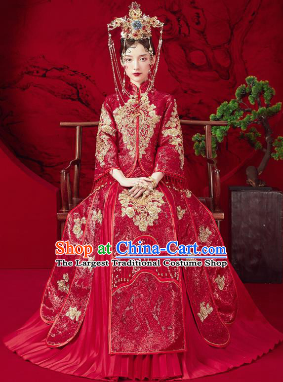 Chinese Traditional Embroidered Wedding Red Xiu He Suit Blouse and Dress Ancient Bride Costumes for Women