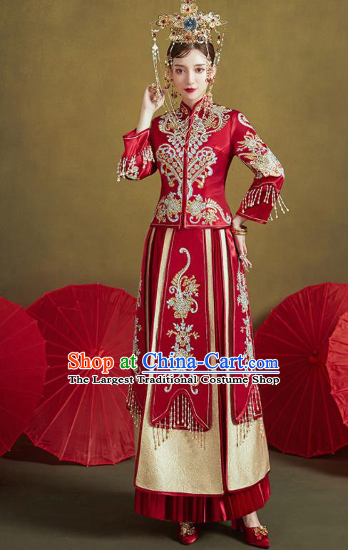 Chinese Traditional Embroidered Wedding Red Xiu He Suit Blouse and Tassel Dress Ancient Bride Costumes for Women