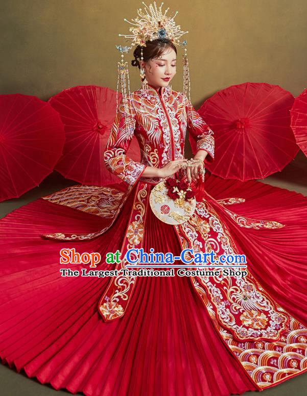 Chinese Traditional Wedding Xiu He Suit Embroidered Peony Red Blouse and Dress Ancient Bride Costumes for Women
