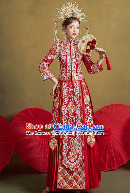 Chinese Traditional Wedding Xiu He Suit Embroidered Peony Red Blouse and Dress Ancient Bride Costumes for Women
