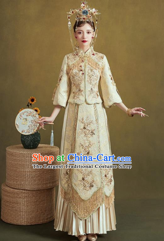 Chinese Traditional Embroidered Wedding Light Golden Xiu He Suit Blouse and Dress Ancient Bride Costumes for Women