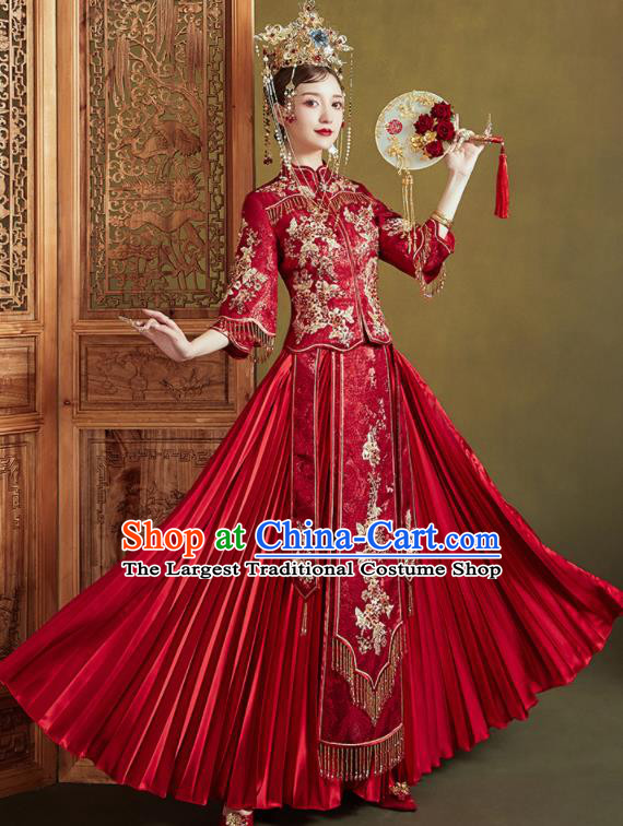 Chinese Traditional Embroidered Flowers Wedding Dark Red Xiu He Suit Blouse and Dress Ancient Bride Costumes for Women