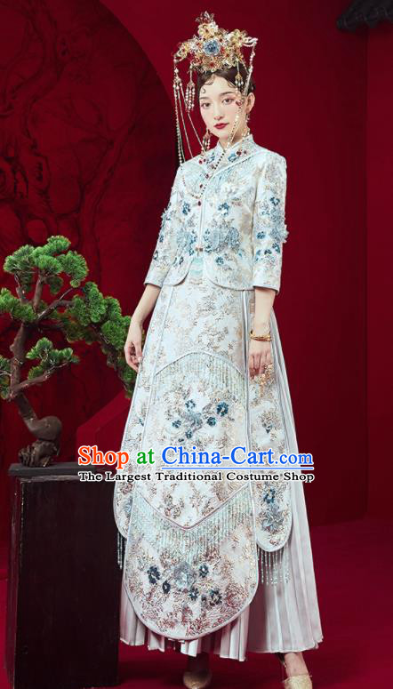 Chinese Traditional Embroidered Wedding Xiu He Suit White Blouse and Dress Ancient Bride Costumes for Women