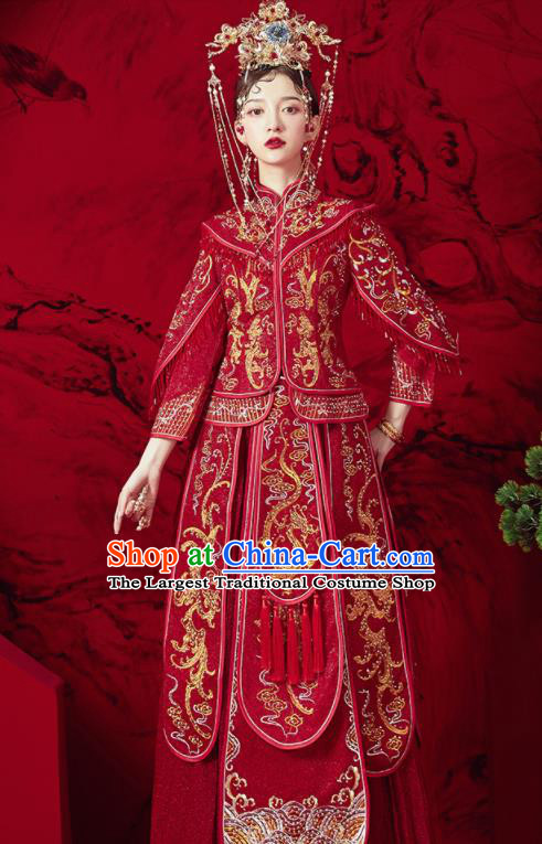 Chinese Traditional Embroidered Dragon Wedding Xiu He Suit Red Blouse and Dress Ancient Bride Costumes for Women