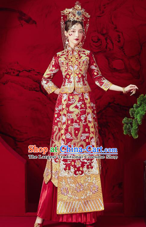 Chinese Traditional Wedding Embroidered Phoenix Plum Red Xiu He Suit Blouse and Dress Ancient Bride Costumes for Women
