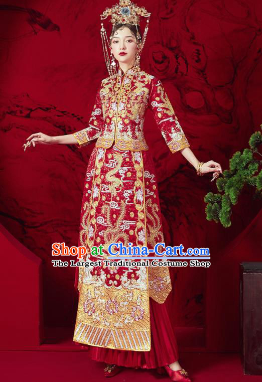 Chinese Traditional Wedding Embroidered Phoenix Plum Red Xiu He Suit Blouse and Dress Ancient Bride Costumes for Women