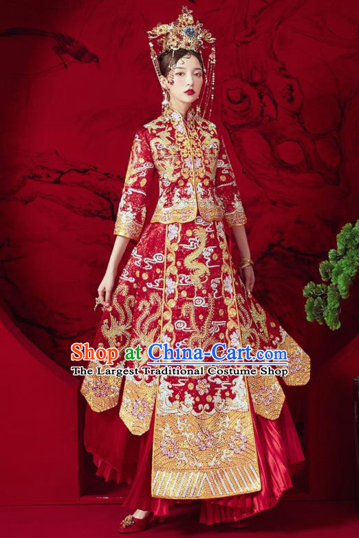 Chinese Traditional Wedding Embroidered Phoenix Plum Red Xiu He Suit Blouse and Dress Ancient Bride Costumes for Women