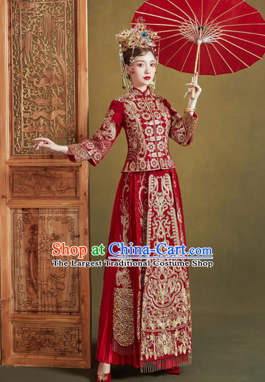 Chinese Traditional Wedding Embroidered Xiu He Suit Blouse and Dress Ancient Bride Costumes for Women