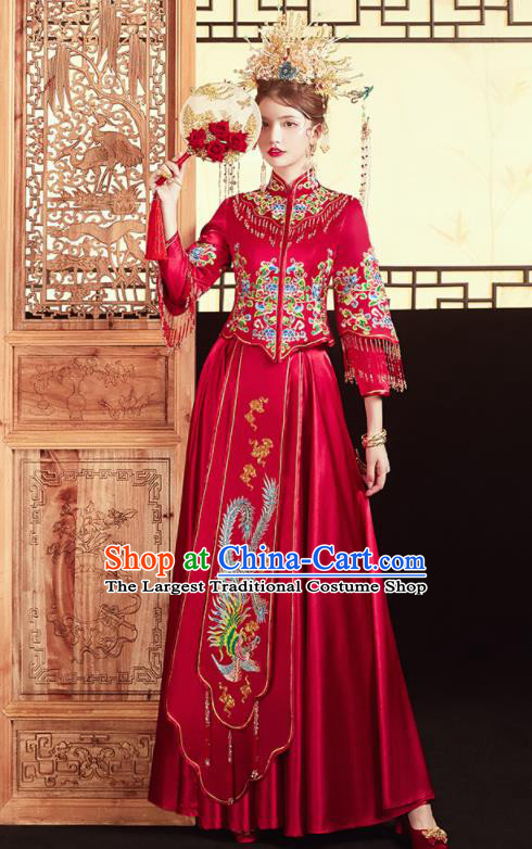 Chinese Traditional Wedding Embroidered Cloud Phoenix Red Xiu He Suit Blouse and Dress Ancient Bride Costumes for Women