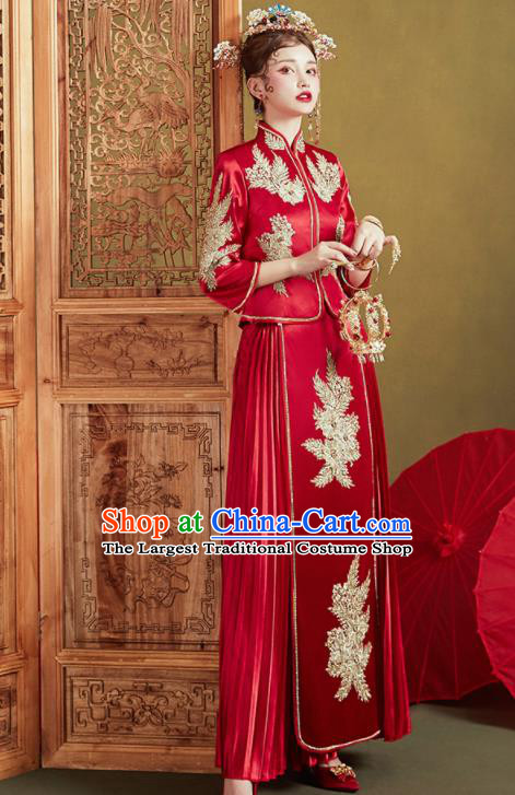 Chinese Traditional Wedding Bottom Drawer Slim Xiu He Suit Embroidered Red Blouse and Dress Ancient Bride Costumes for Women