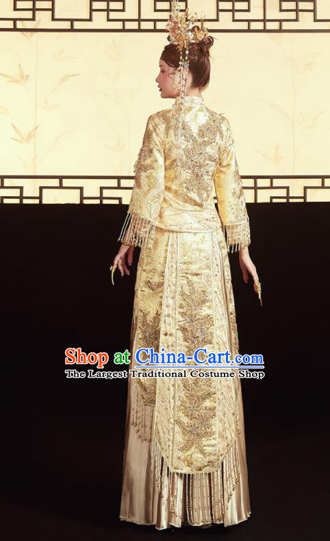 Chinese Traditional Wedding Bottom Drawer Golden Xiu He Suit Embroidered Red Blouse and Dress Ancient Bride Costumes for Women