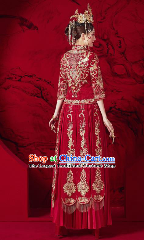 Chinese Traditional Embroidered Blouse and Dress Wedding Red Bottom Drawer Xiu He Suit Ancient Bride Costumes for Women
