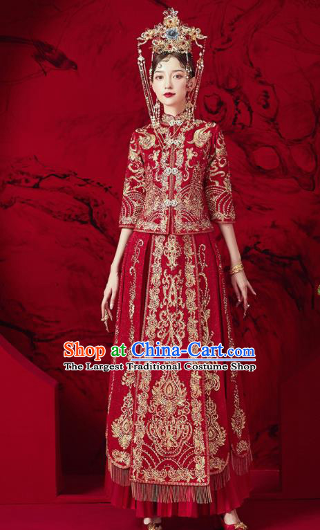 Chinese Traditional Embroidered Blouse and Dress Wedding Red Bottom Drawer Xiu He Suit Ancient Bride Costumes for Women