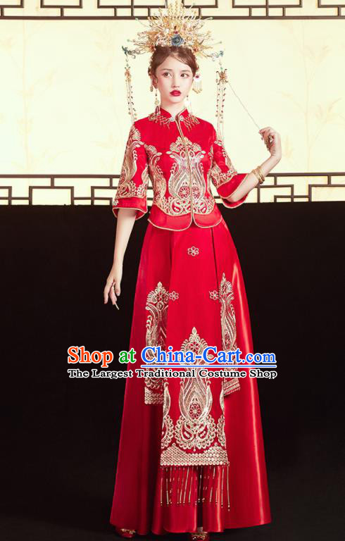 Chinese Traditional Embroidered Blouse and Dress Wedding Bottom Drawer Xiu He Suit Ancient Bride Costumes for Women