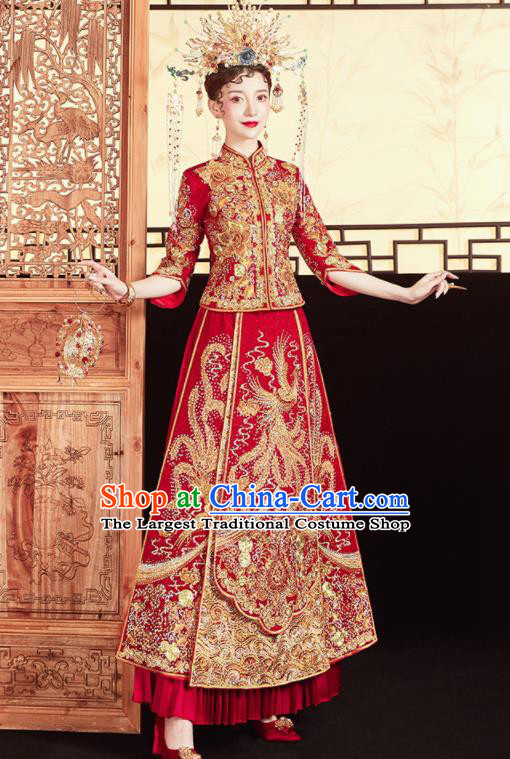 Chinese Traditional Embroidered Drilling Phoenix Blouse and Dress Wedding Bottom Drawer Xiu He Suit Ancient Bride Costumes for Women