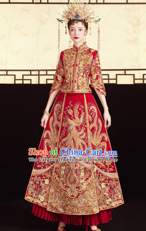 Chinese Traditional Embroidered Drilling Phoenix Blouse and Dress Wedding Bottom Drawer Xiu He Suit Ancient Bride Costumes for Women