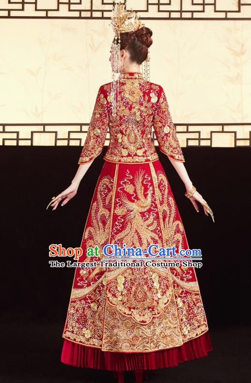 Chinese Traditional Embroidered Drilling Phoenix Blouse and Dress Wedding Bottom Drawer Xiu He Suit Ancient Bride Costumes for Women