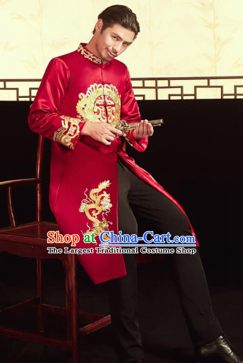 Chinese Ancient Bridegroom Embroidered Dragons Red Mandarin Jacket and Pants Traditional Wedding Tang Suit Costumes for Men