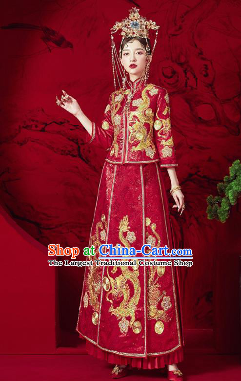 Chinese Traditional Wedding Embroidered Dragon Phoenix Blouse and Dress Red Bottom Drawer Xiu He Suit Ancient Bride Costumes for Women